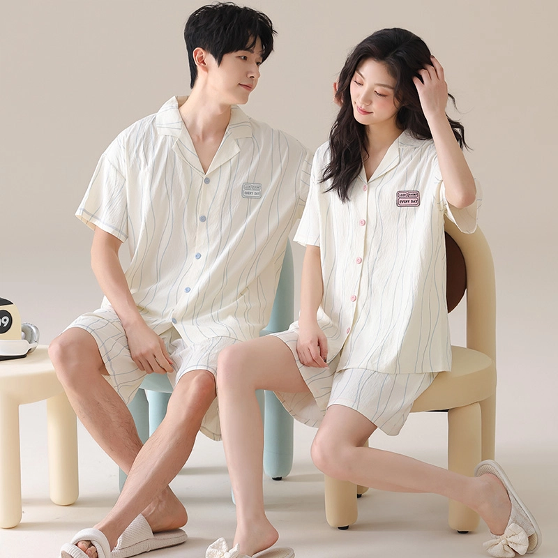 夏芬妍 简约休闲简约条纹云朵棉翻领舒适亲肤宽松短袖短裤时尚可外穿家居服睡衣套装 男女同款 杏色