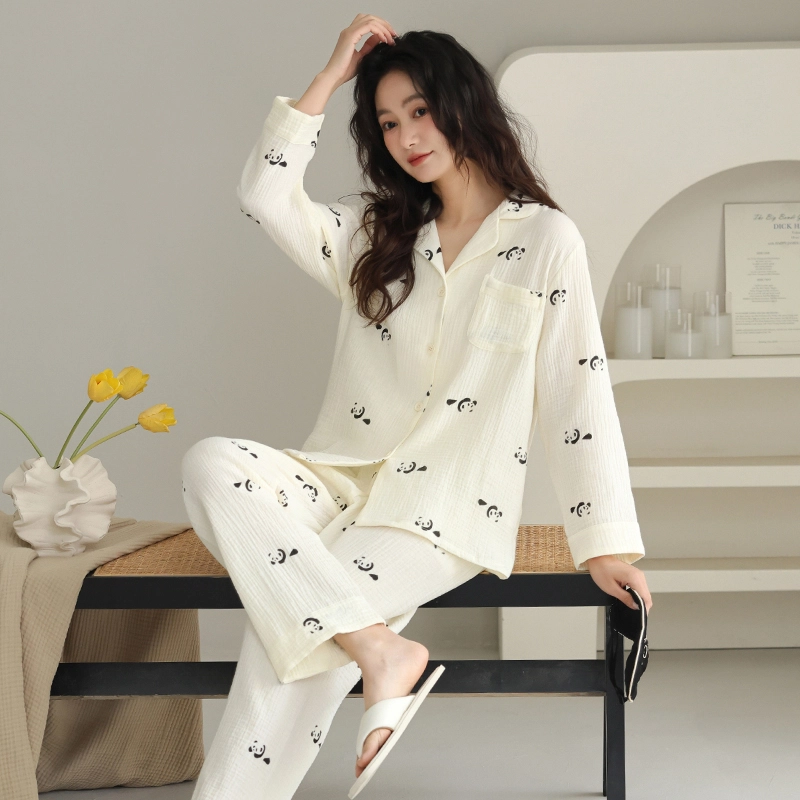 夏芬妍 休闲舒适熊猫满印婴儿棉翻领开衫家居服柔软亲肤可外穿长袖长裤 睡衣套装 女款 杏色
