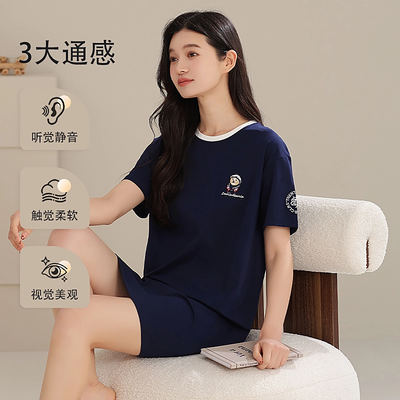 夏芬妍 时尚柔软亲肤海军小熊圆领家居服简约休闲舒适短袖睡衣可外穿睡裙 女款 深蓝色
