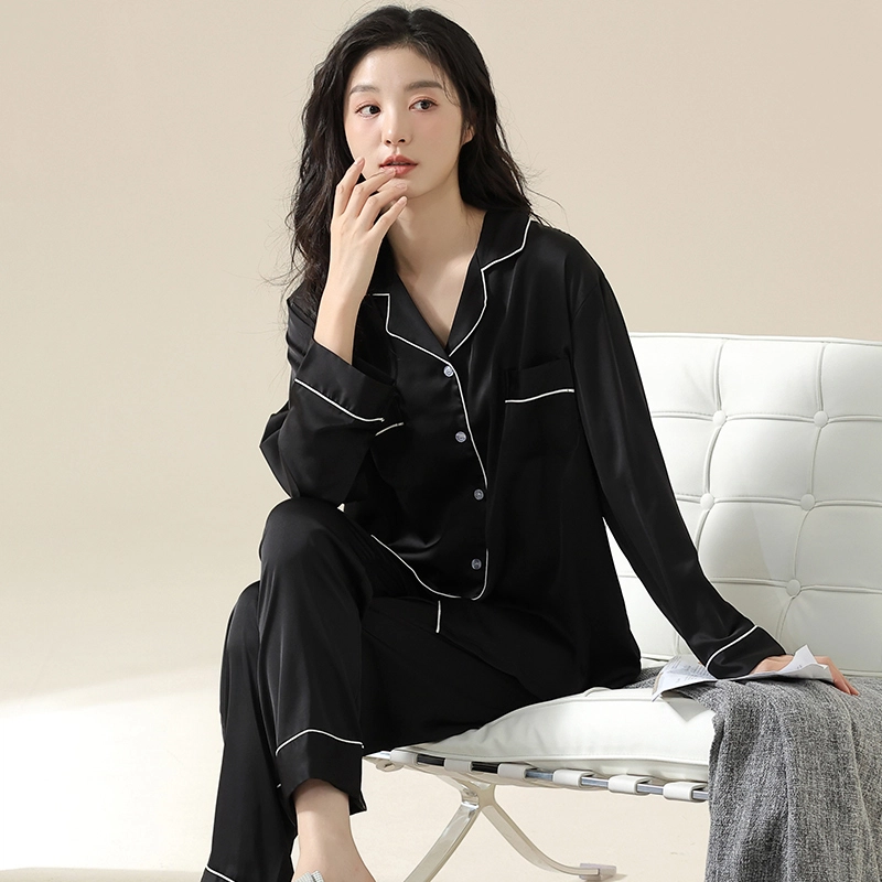 夏芬妍 简约休闲高级感纯色冰丝家居服舒适亲肤宽松长袖长裤可外穿睡衣套装 男女同款 优雅黑
