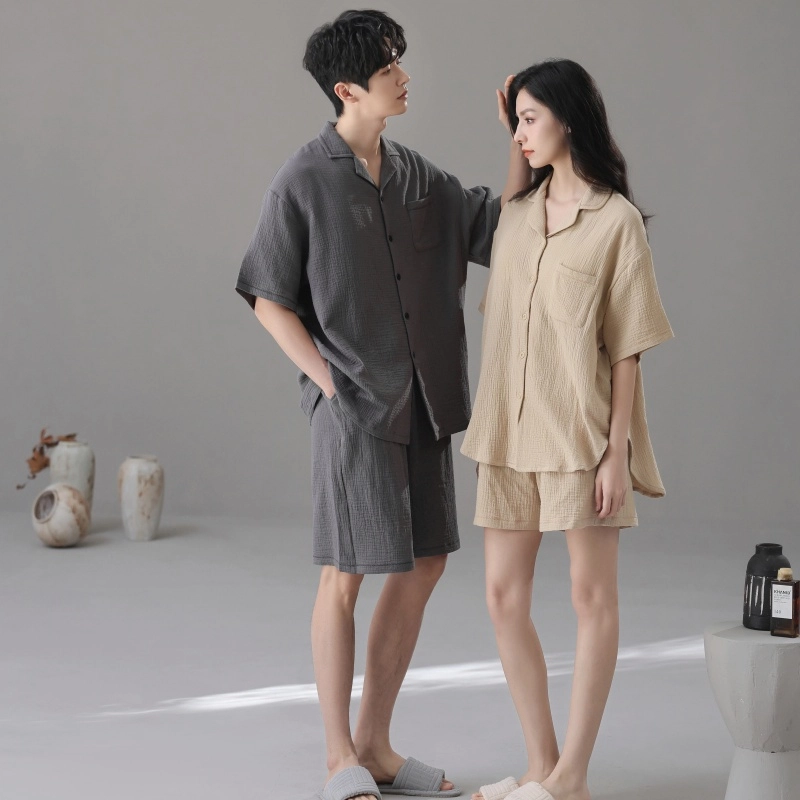 夏芬妍 简约轻盈柔软舒适纯色翻领家居服休闲亲肤短袖可外穿睡衣套装 男女同款