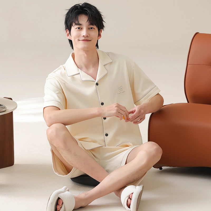 夏芬妍 简约舒适柔软高级感纯色纯棉翻领开衫家居服亲肤休闲短袖短裤时尚可外穿睡衣套装 男款 杏色