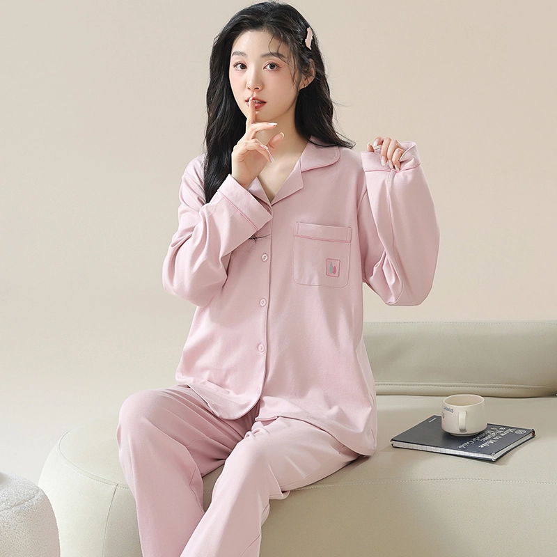 夏芬妍 时尚休闲舒适纯色贴袋翻领家居服亲肤宽松长袖长裤可外穿春秋款睡衣套装 女款 粉色