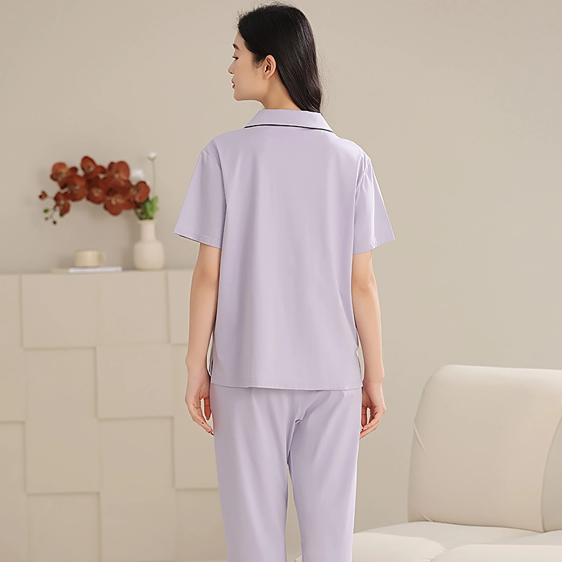 夏芬妍 时尚柔软亲肤戴帽小熊翻领开衫家居服简约休闲舒适短袖长裤可外穿睡衣套装 女款 米黄色