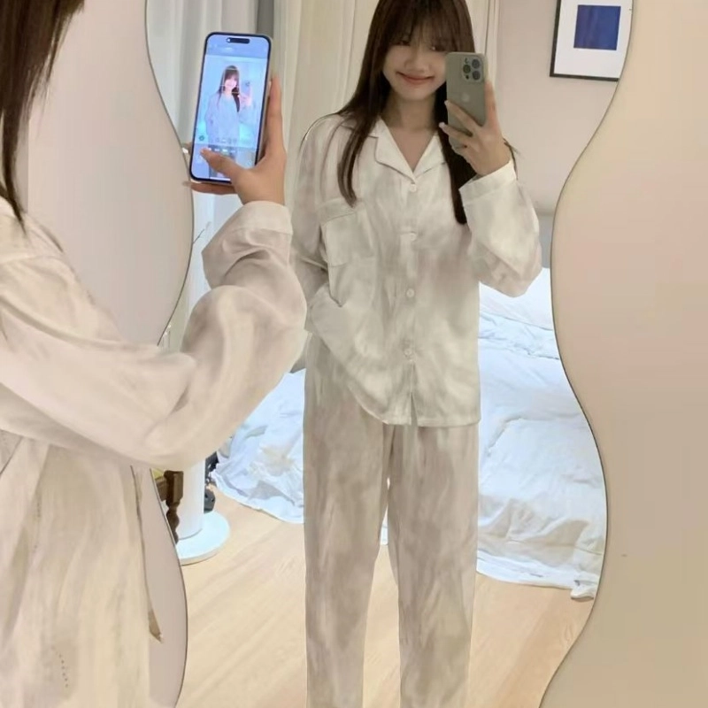 夏芬妍 简约舒适高级感气质流光冰丝翻领家居服亲肤宽松休闲长袖长裤可外穿睡衣套装 男女同款