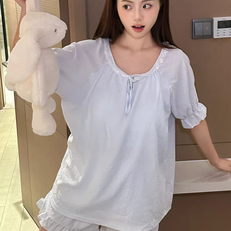 夏芬妍  甜美可爱少女粉蕾丝木耳边圆领短袖短裤家居服舒适柔软休闲带胸垫可外穿睡衣套装 女款