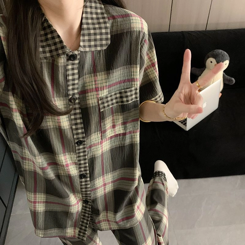 夏芬妍 柔软舒适经典格子云朵棉翻领开衫家居服亲肤休闲短袖三件套时尚可外穿夏季睡衣套装 男女同款