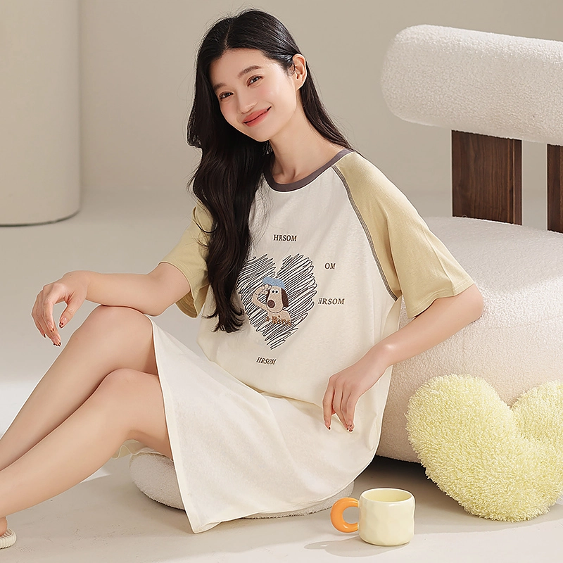 夏芬妍 时尚柔软亲肤爱心小狗圆领家居服简约休闲舒适短袖睡衣可外穿睡裙 女款 果绿色