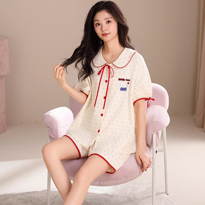 夏芬妍 甜美可爱波点爱心小兔舒适亲肤宽松短袖短裤时尚翻领可外穿家居服睡衣套装 女款 杏色