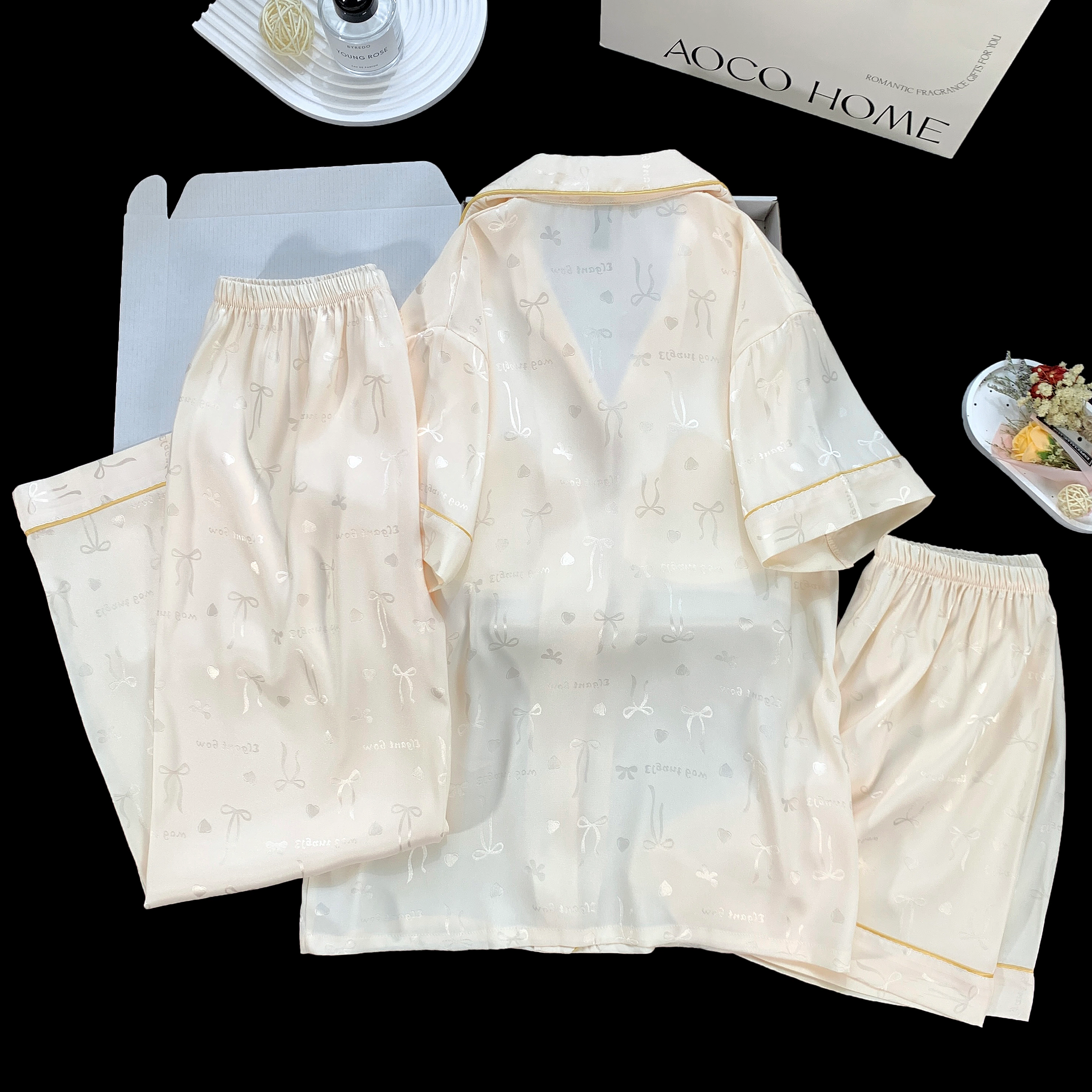夏芬妍 简约休闲高级感蝴蝶结冰丝翻领带胸垫家居服舒适亲肤宽松短袖三件套可外穿睡衣套装 女款 杏色