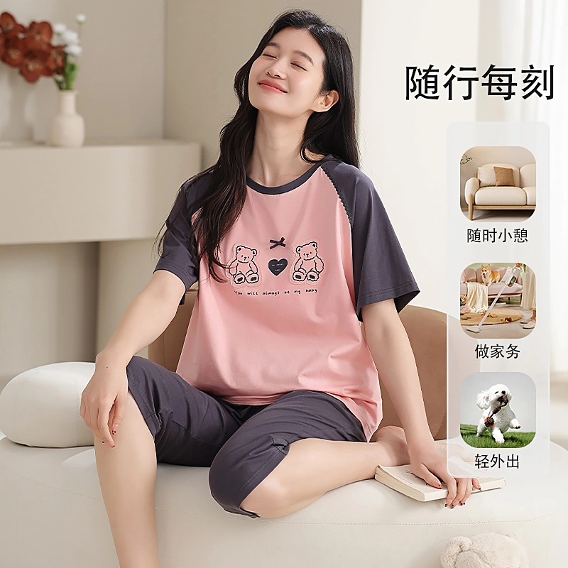 夏芬妍 时尚柔软亲肤圆领家居服简约休闲舒适短袖七分裤可外穿睡衣套装 女款 深灰色