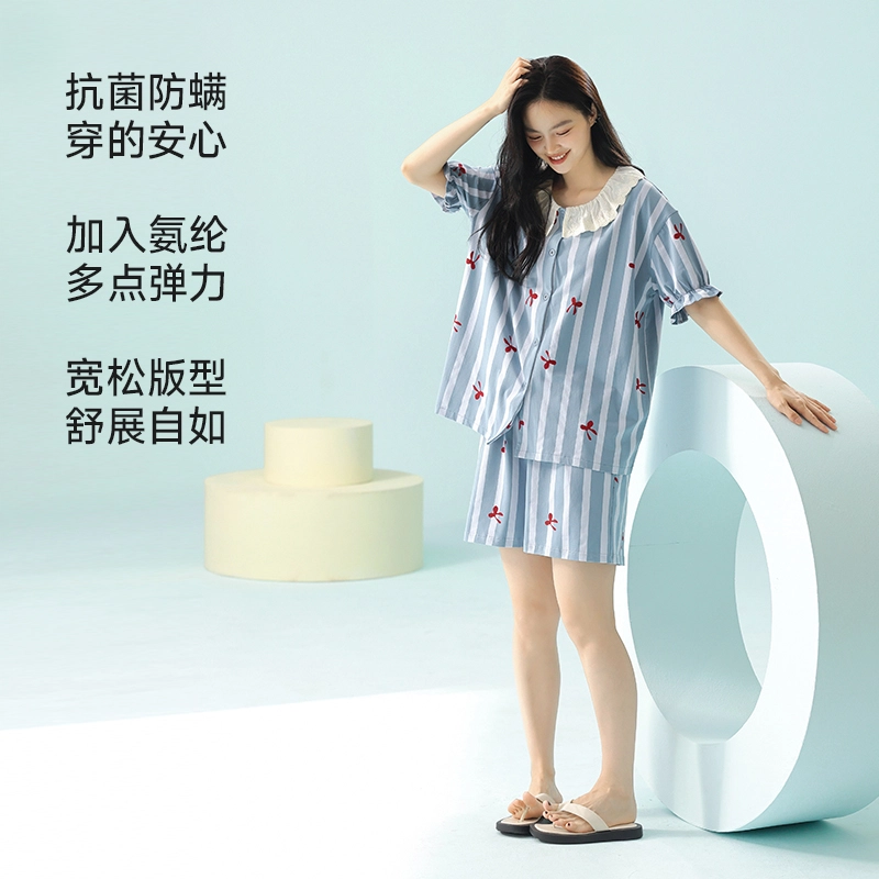 夏芬妍 柔软舒适透气翻领亲肤条纹家居服休闲短袖上衣可外穿三分裤睡衣套装 女款 蓝色
