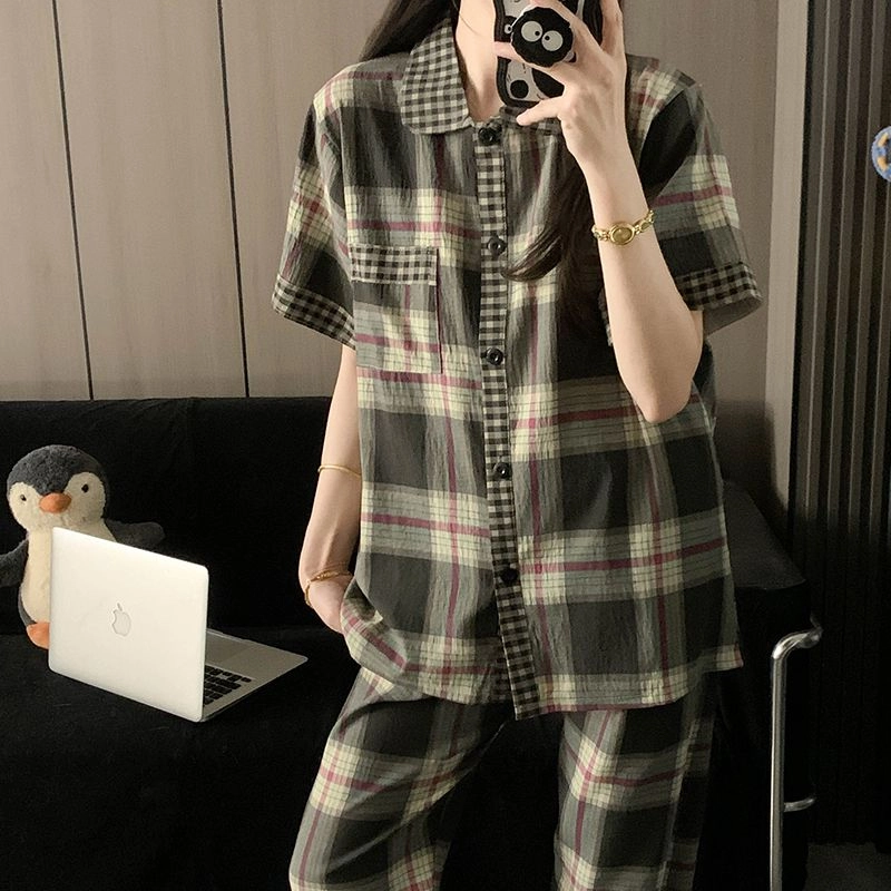 夏芬妍 柔软舒适经典格子云朵棉翻领开衫家居服亲肤休闲短袖三件套时尚可外穿夏季睡衣套装 男女同款