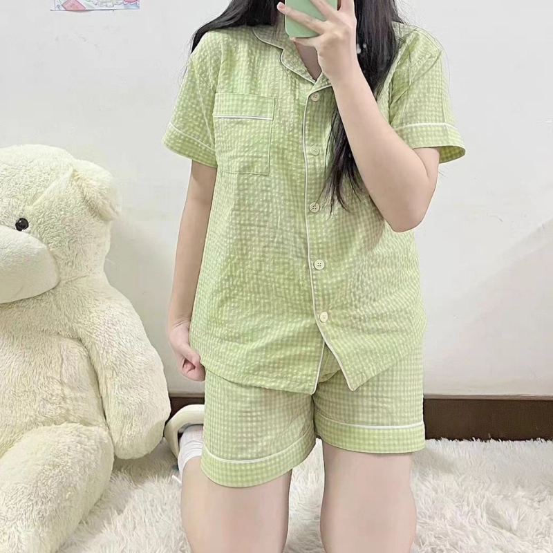 夏芬妍  简约休闲舒适时尚纯色纯棉翻领家居服亲肤宽松短袖短裤可外穿睡衣套装 女款 绿色
