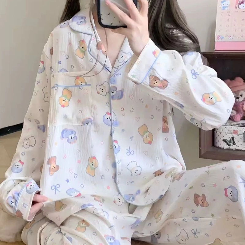 夏芬妍 柔软舒适萌狗乐园云朵棉开衫家居服亲肤休闲长袖长裤可外穿春秋款睡衣套装 女款 杏色