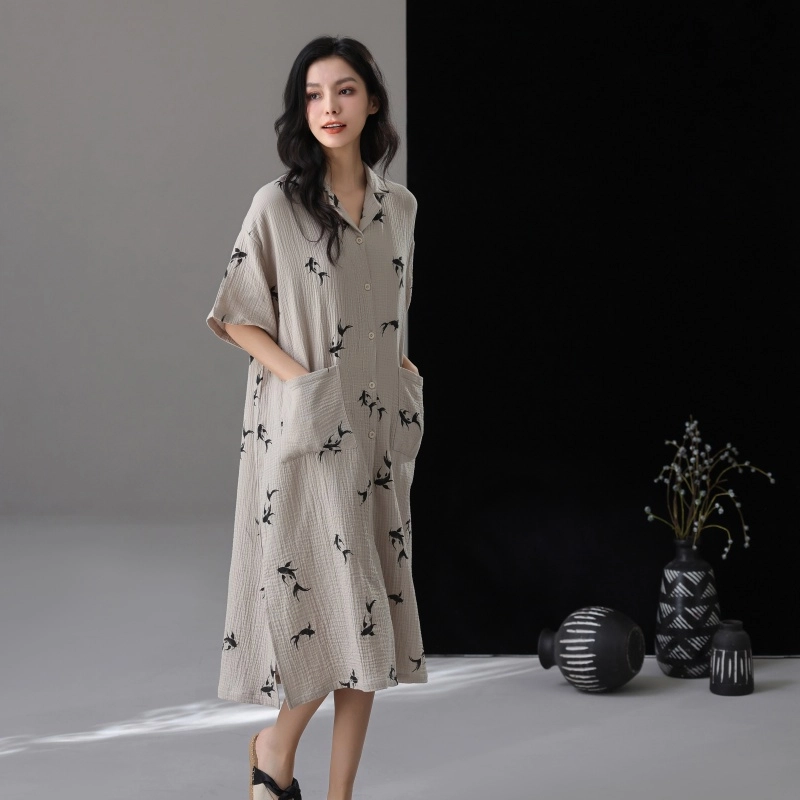 夏芬妍 时尚轻盈舒适柔软侘寂风金鱼满印圆领婴儿棉双层纱睡衣家居服休闲亲肤宽松长袖可外穿睡裙 女款 灰色