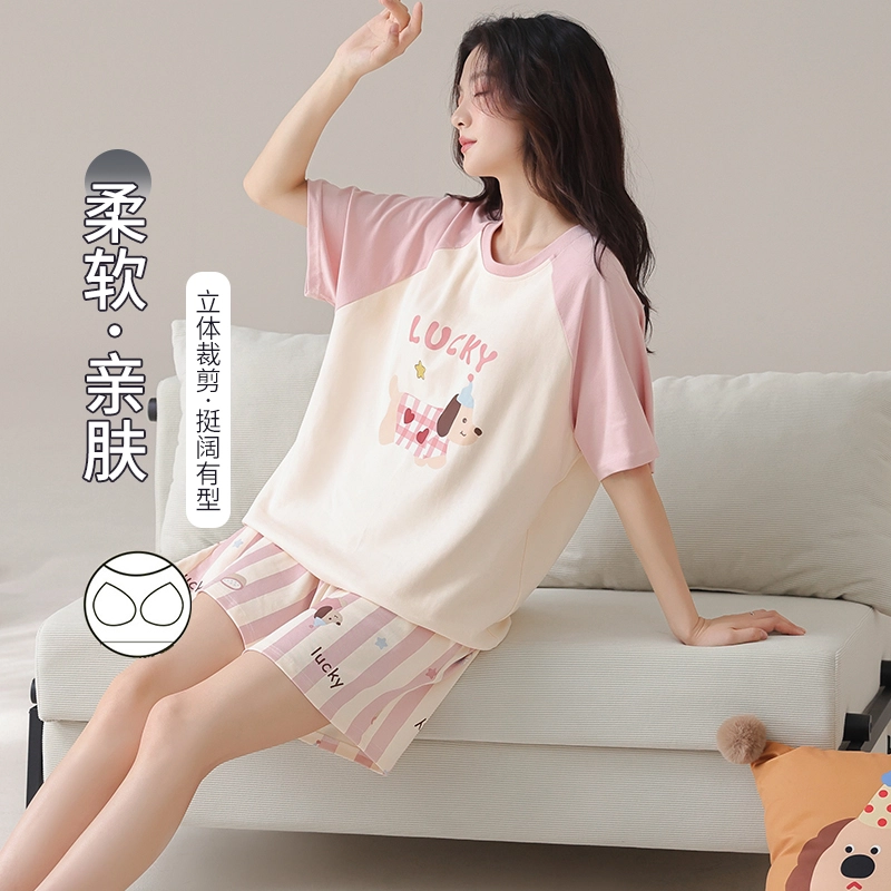 夏芬妍 亲肤舒适条纹戴帽小狗纯棉圆领家居服柔软休闲短袖短裤时尚可外穿睡衣套装 男女同款