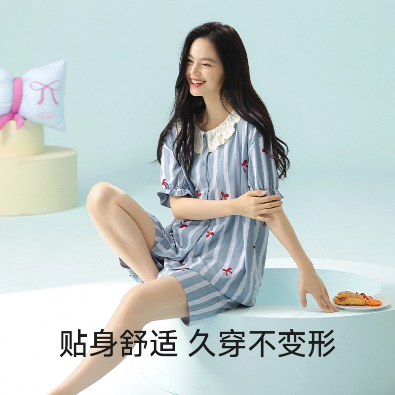 夏芬妍 柔软舒适透气翻领亲肤条纹家居服休闲短袖上衣可外穿三分裤睡衣套装 女款 蓝色