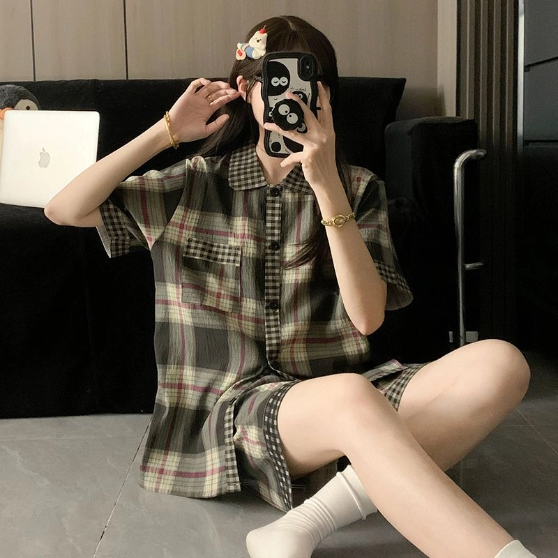 夏芬妍 柔软舒适经典格子云朵棉翻领开衫家居服亲肤休闲短袖三件套时尚可外穿夏季睡衣套装 男女同款