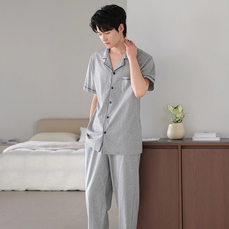 夏芬妍 简约时尚大方柔软舒适纯色字母边翻领家居服亲肤休闲短袖长裤可外穿睡衣套装 男款