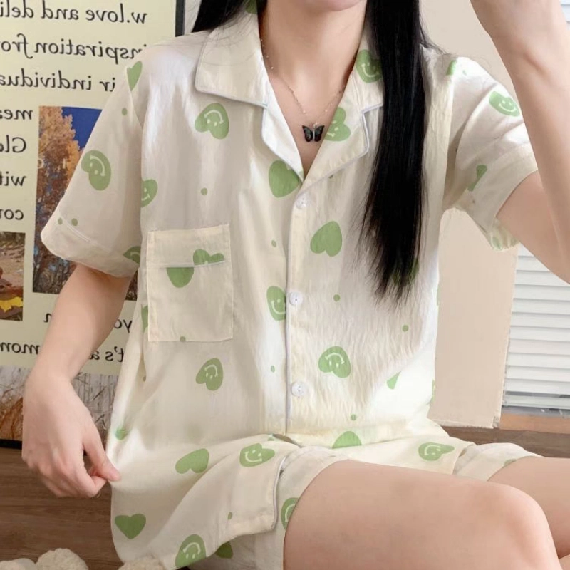 夏芬妍 柔软舒适爱心笑脸云朵棉翻领开衫家居服亲肤休闲短袖短裤时尚可外穿睡衣套装 女款 杏色