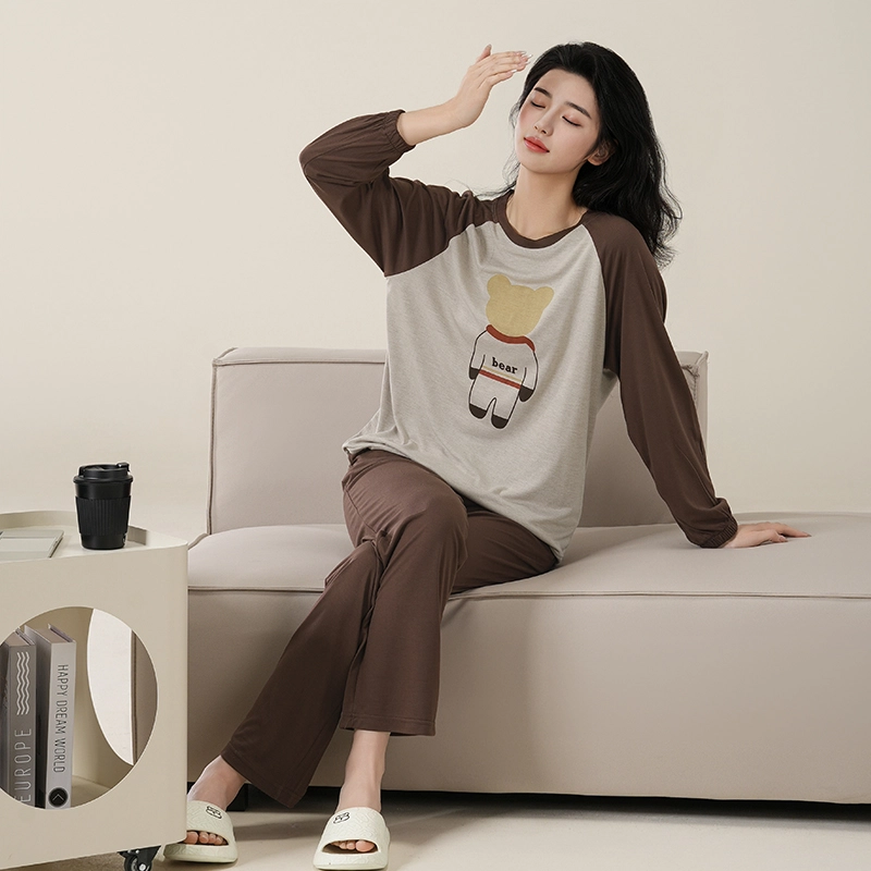 夏芬妍 简约柔软舒适透气亲肤卡通小熊圆领家居服休闲宽松长袖长裤带胸垫可外穿睡衣套装 女款 棕色