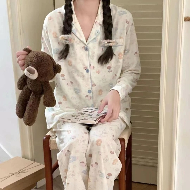 夏芬妍 柔软舒适萌狗乐园云朵棉开衫家居服亲肤休闲长袖长裤可外穿春秋款睡衣套装 女款 杏色