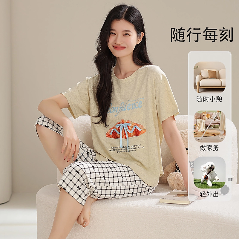 夏芬妍 简约大方柔软蝴蝶结可颂格子裤圆领家居服亲肤休闲舒适短袖七分裤可外穿睡衣套装 女款 浅黄色