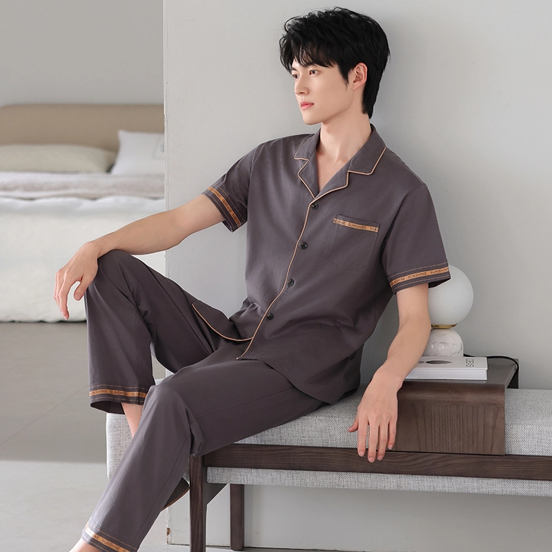 夏芬妍 简约时尚大方柔软舒适纯色字母边翻领家居服亲肤休闲短袖长裤可外穿睡衣套装 男款