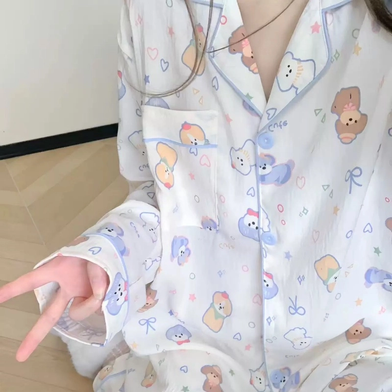 夏芬妍 柔软舒适萌狗乐园云朵棉开衫家居服亲肤休闲长袖长裤可外穿春秋款睡衣套装 女款 杏色