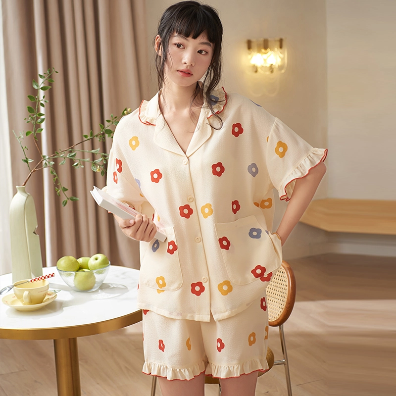夏芬妍 甜美柔软舒适小红花云朵棉翻领家居服亲肤休闲短袖短裤可外穿睡衣套装 女款 杏色
