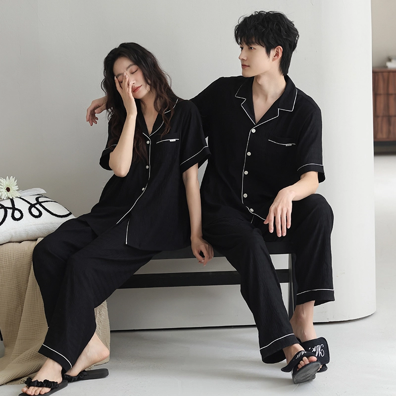 夏芬妍 时尚柔软舒适纯色云朵棉翻领开衫家居服休闲亲肤时尚可外穿短袖长裤睡衣套装 男女同款 黑色