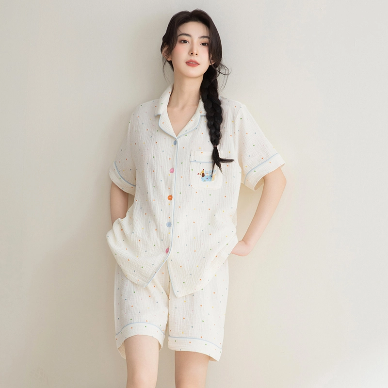夏芬妍 甜美可爱卡通婴儿棉双层纱翻领短袖短裤家居服简约休闲可外穿睡衣套装 女款