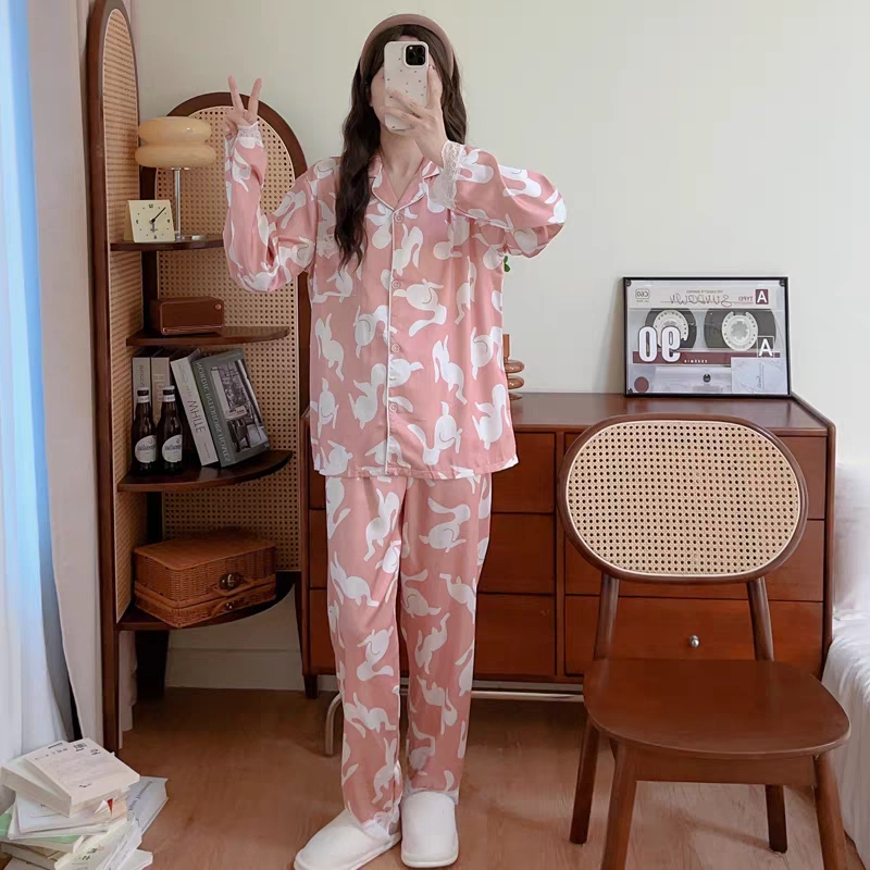 夏芬妍 甜美休闲舒适兔子缎面冰丝家居服柔软亲肤宽松长袖长裤可外穿睡衣套装 女款 粉色