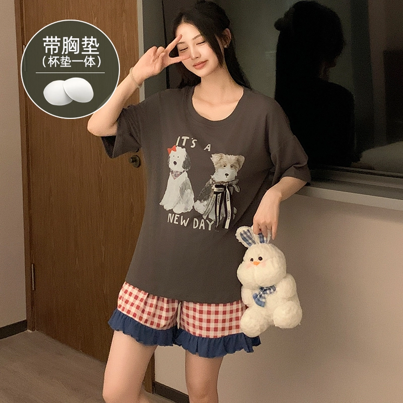 夏芬妍 柔软舒适甜美两只小狗冰丝螺纹家居服亲肤休闲带胸垫短袖短裤时尚可外穿睡衣套装 女款 棕色