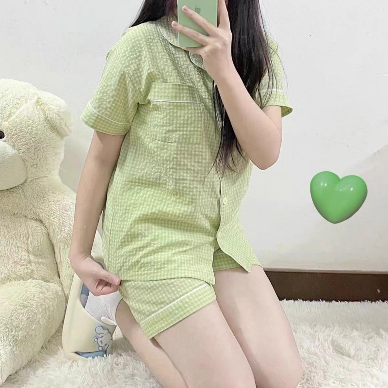 夏芬妍  简约休闲舒适时尚纯色纯棉翻领家居服亲肤宽松短袖短裤可外穿睡衣套装 女款 绿色