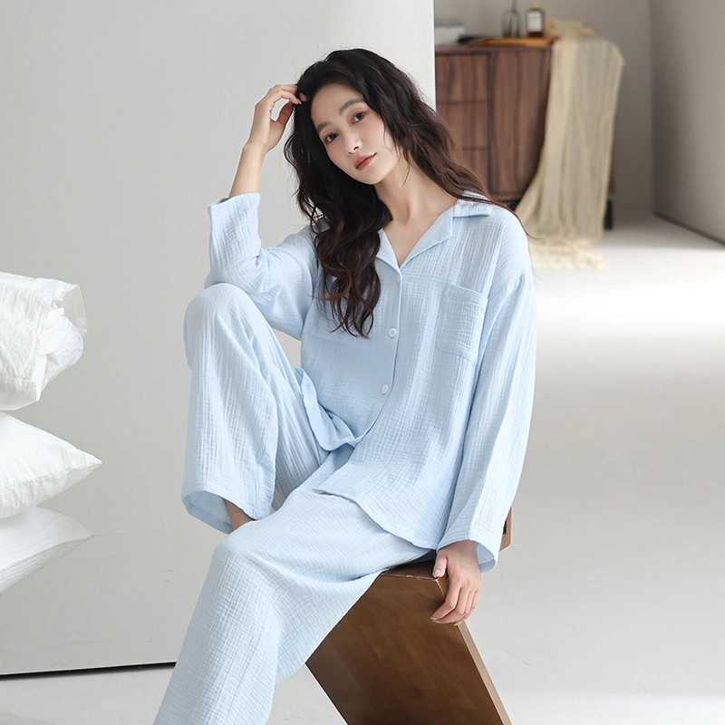 夏芬妍 休闲舒适纯色双层纱婴儿棉翻领开衫家居服柔软亲肤可外穿长袖长裤睡衣套装 女款 蓝色