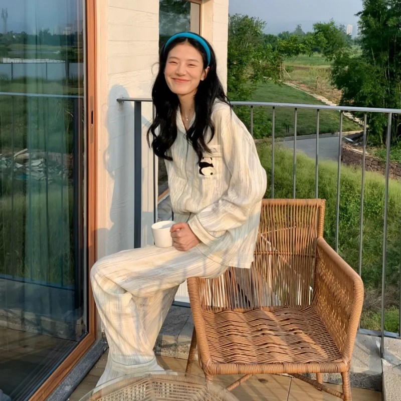 夏芬妍 柔软舒适条纹熊猫云朵棉开衫家居服亲肤休闲长袖长裤可外穿春秋款睡衣套装 女款 杏色