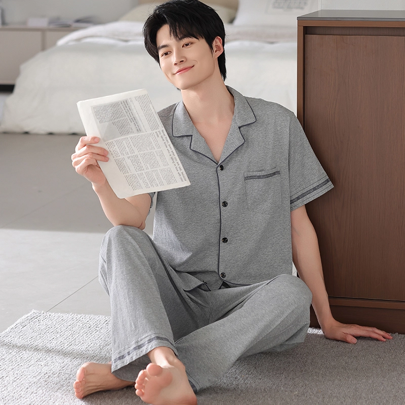夏芬妍 简约时尚大方柔软舒适纯色字母边翻领家居服亲肤休闲短袖长裤可外穿睡衣套装 男款