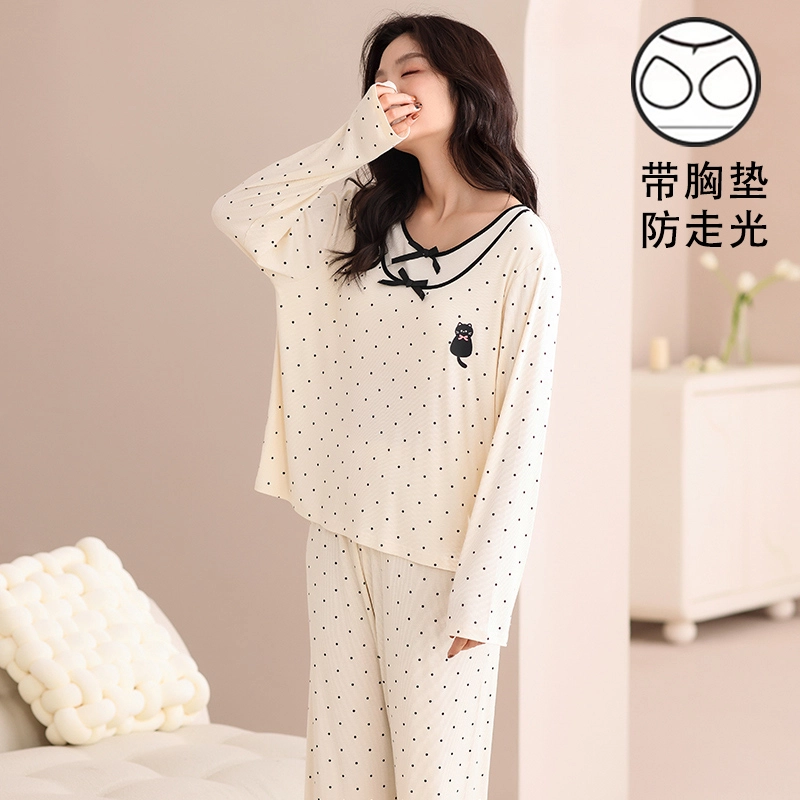 夏芬妍 时尚舒适柔软甜美假两件波点小猫带胸垫家居服简约休闲亲肤宽松长袖长裤可外穿睡衣套装 女款 杏色