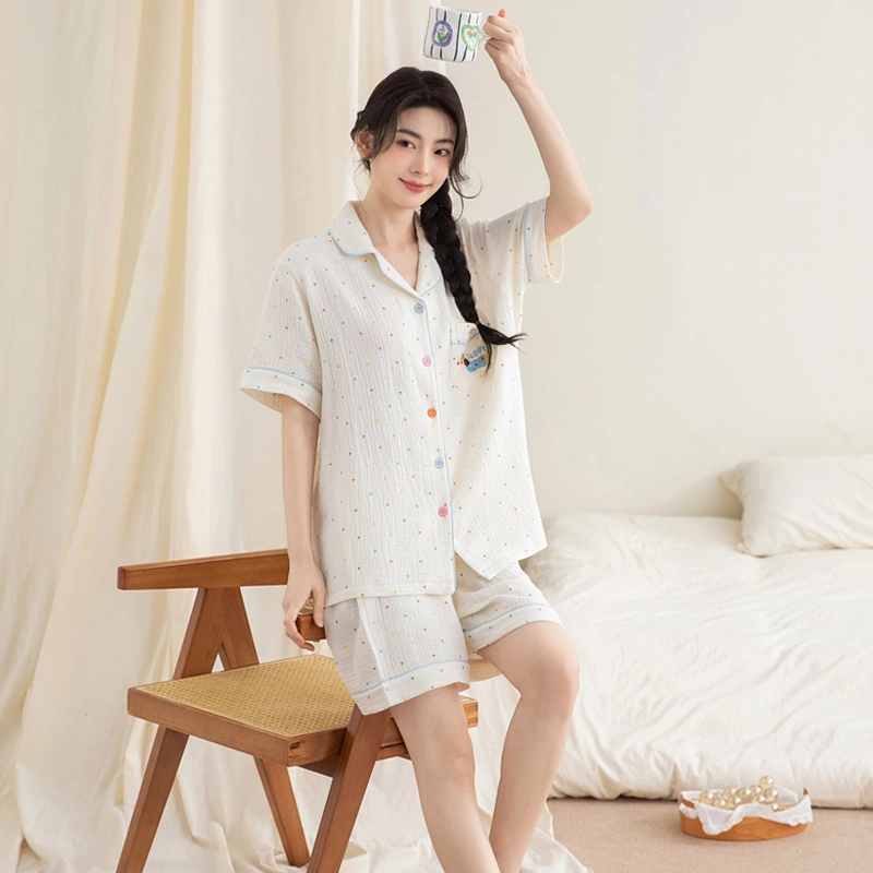 夏芬妍 甜美可爱卡通婴儿棉双层纱翻领短袖短裤家居服简约休闲可外穿睡衣套装 女款