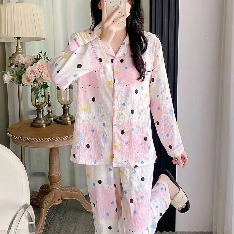 夏芬妍 柔软舒适可爱小鱼儿云朵棉开衫家居服亲肤休闲长袖长裤可外穿春秋款睡衣套装 女款 粉色
