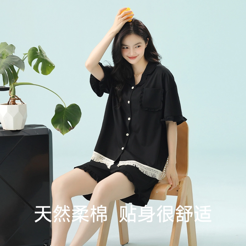 夏芬妍 柔软舒适透气亲肤纯色流苏木耳边翻领家居服休闲宽松凉感短袖时尚可外穿睡衣套装 女款 黑色