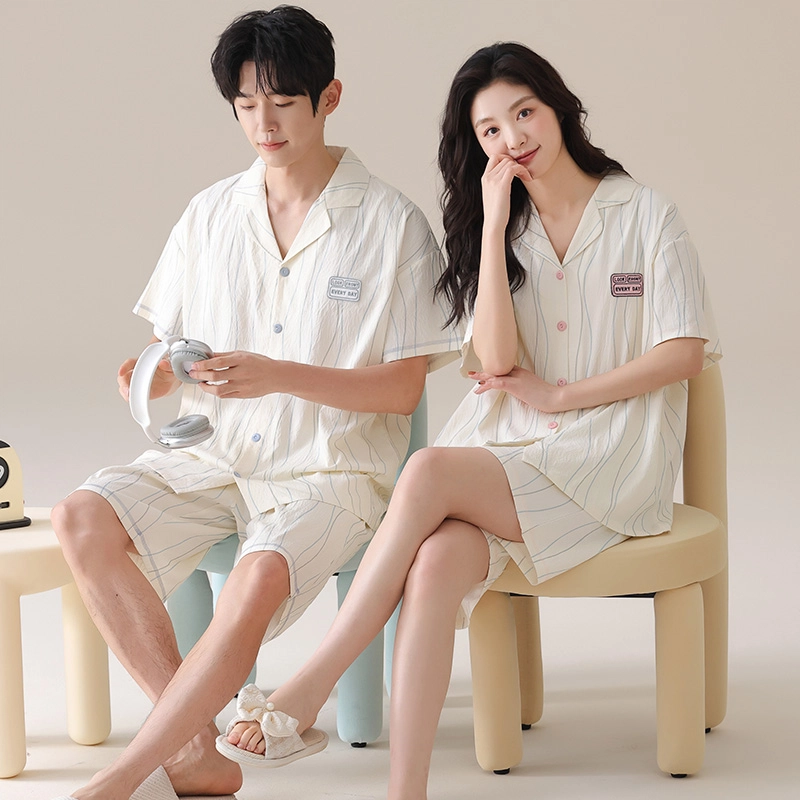 夏芬妍 简约休闲简约条纹云朵棉翻领舒适亲肤宽松短袖短裤时尚可外穿家居服睡衣套装 男女同款 杏色