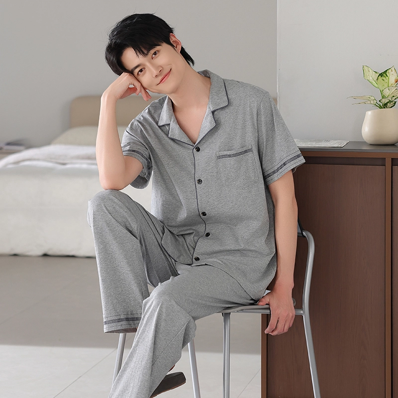 夏芬妍 简约时尚大方柔软舒适纯色字母边翻领家居服亲肤休闲短袖长裤可外穿睡衣套装 男款