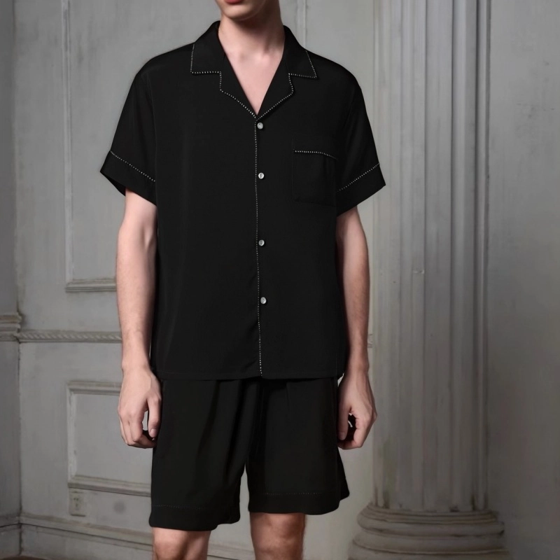 夏芬妍 简约休闲百搭纯色舒适亲肤短袖时尚翻领可外穿家居服睡衣套装 男款 黑色