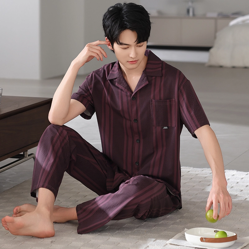 夏芬妍 简约时尚大方柔软舒适条纹翻领家居服亲肤休闲短袖长裤可外穿睡衣套装 男款 砖红色
