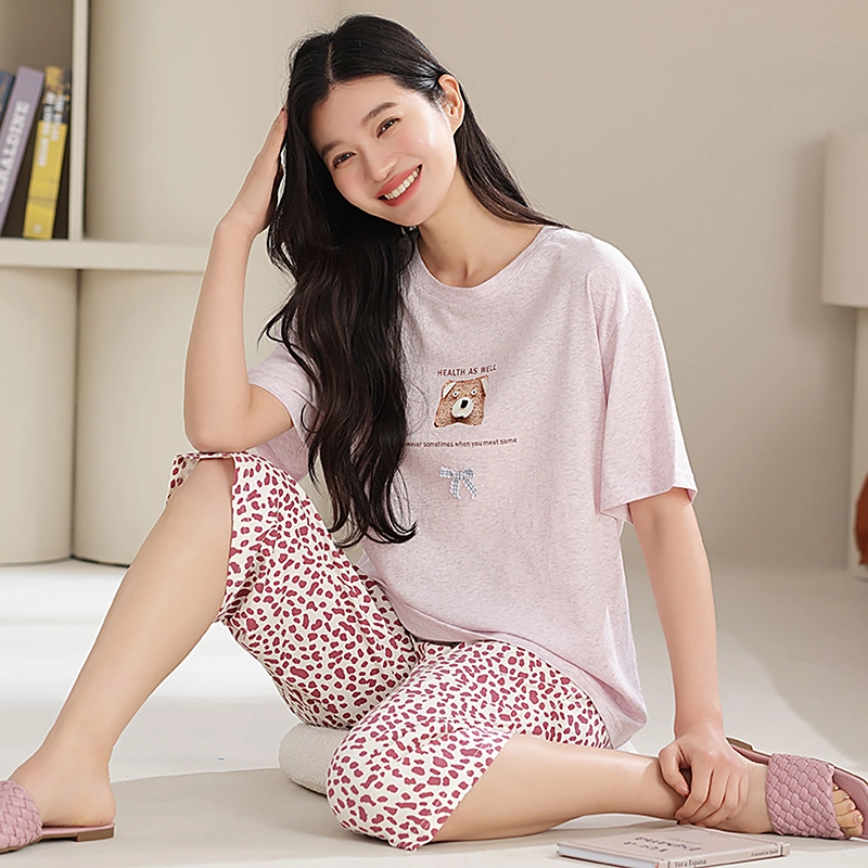 夏芬妍 简约大方柔软经典豹纹圆领家居服亲肤休闲舒适短袖七分裤可外穿睡衣套装 女款 紫粉色