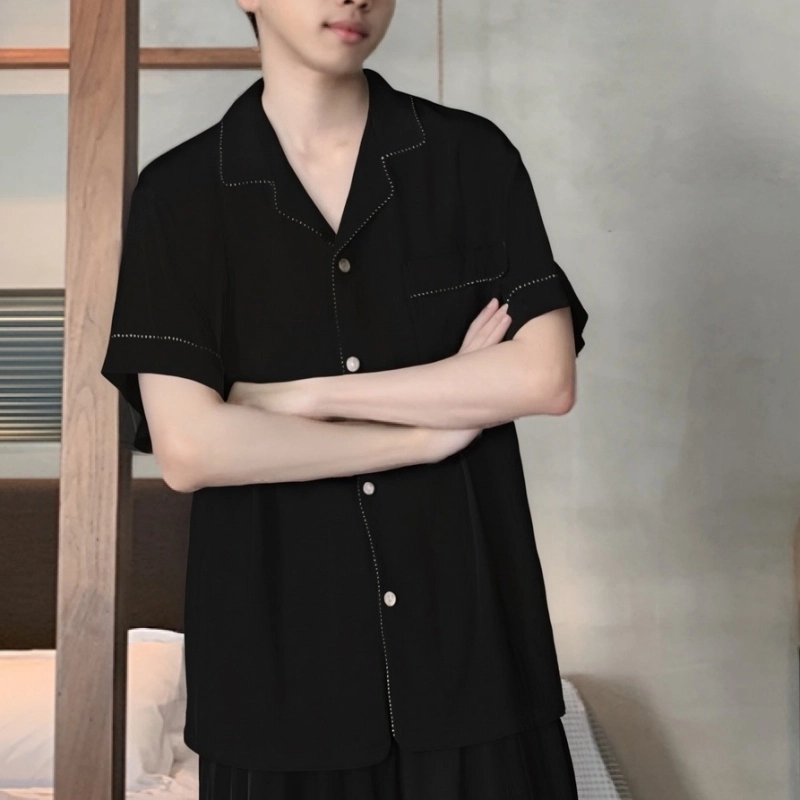 夏芬妍 简约休闲百搭纯色舒适亲肤短袖时尚翻领可外穿家居服睡衣套装 男款 黑色