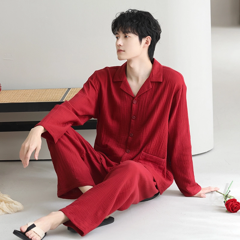 夏芬妍 休闲舒适纯色双层纱婴儿棉翻领开衫家居服柔软亲肤可外穿长袖长裤睡衣套装 男款 红色